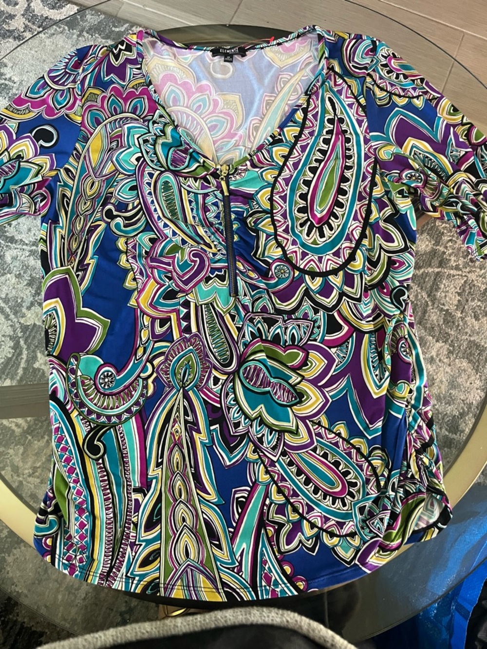 Elementz Blue Purple Teal Multicolor Paisley V-Neck Tunic with Front Zip